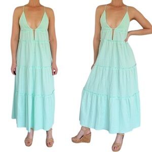SHEIN mint blue plunge keyhole neckline tiered spaghetti strap midi dress small